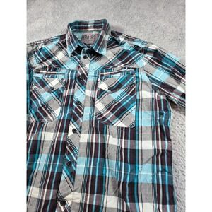 Metro BLK Rue21 Button Down Shirt Large Turquoise Plaid Mens Long Sleeve Pocket
